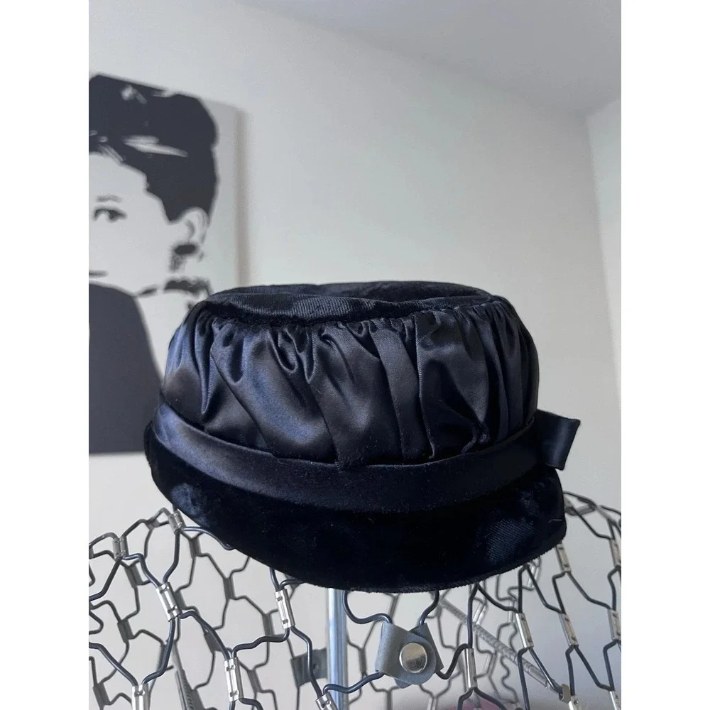 Vintage Black Satin and Velvet Pillbox Hat with Side Bow Ruched Crown‎ MCM